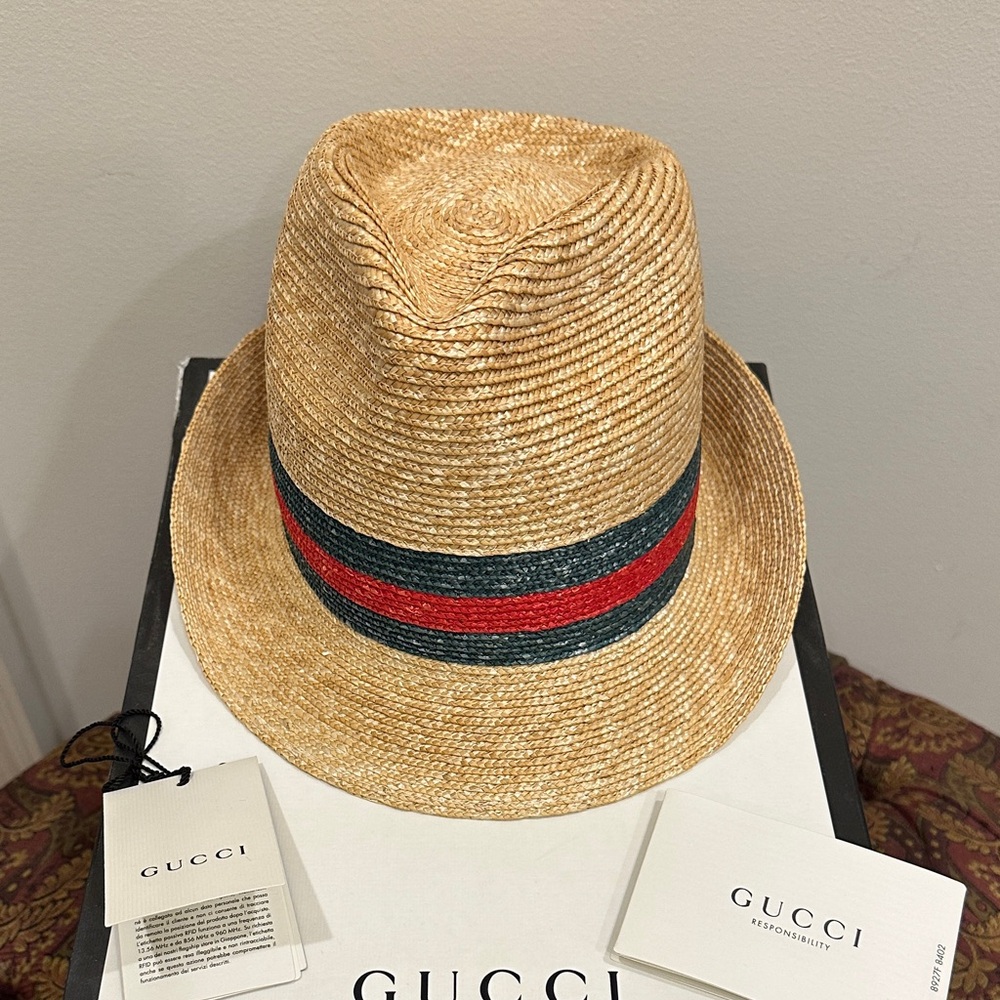 Gucci Trilby Web Paglia Hat with Red and Green Band
